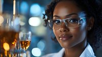 Professional African American woman in glasses holding whiskey glass at upscale bar with warm bokeh lighting creating sophisticated nightlife atmosphere.