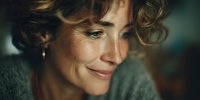 Close-up portrait of middle-aged Caucasian woman with curly hair and gentle smile, looking down thoughtfully in soft, atmospheric lighting.