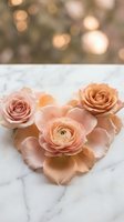 Elegant peach and pink roses and ranunculus flowers arranged on white marble surface with soft bokeh background for romantic wedding decor.