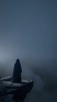 Solitary figure in dark cloak standing on rocky cliff edge overlooking misty valley at dusk, evoking mystery and contemplation for editorial and creative projects.