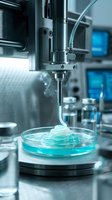 Precision laboratory equipment dispensing liquid sample into petri dish for scientific research and pharmaceutical development in modern sterile environment.
