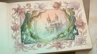 Watercolor fairy tale castle surrounded by ornate floral border with pink lilies and green vines in vintage storybook style for fantasy designs.