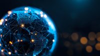 Glowing digital Earth with connected network lines and dots showing global communications and data exchange against dark background with bokeh lights.