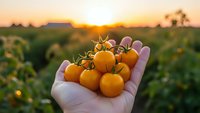 Fresh organic cherry tomatoes held in cupped hands during golden hour harvest time in vegetable garden with warm sunset light creating agricultural abundance scene.