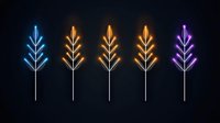 Glowing neon tree shapes in blue, gold and purple colors arranged in row on dark background, minimalist geometric nature design for modern wall decor.