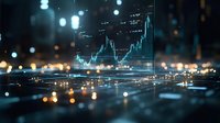 Glowing financial chart projection over blurred city lights background creates futuristic trading atmosphere with bokeh effect and digital data visualization.