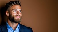 Confident Caucasian businessman with beard and trendy haircut wearing blue suit jacket smiling against brown background, looking away with positive expression.