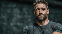 Mature bearded man in gray shirt looking confident and contemplative against dark textured background for lifestyle and portrait photography projects.