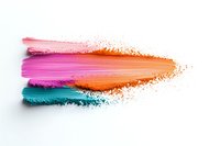 Colorful cosmetic powder smears with scattered particles in pink, orange and turquoise shades on white background, makeup artist swatches for beauty products.