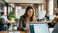 Professional businesswoman working on laptop in modern open office space with brick walls and natural lighting for corporate presentations.