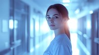 Young female healthcare worker in hospital corridor with blue toned lighting, looking confidently at camera while standing in medical facility hallway.