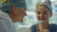 Young female cancer patient with headscarf smiling warmly during conversation with caring medical professional in hospital setting, representing hope and support.