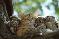 Ginger cat sleeping peacefully among group of tiny owls in tree hollow, creating unusual animal friendship scene with soft natural bokeh background.