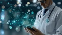 Medical professional in white coat using smartphone with glowing digital network visualization emerging from screen, representing healthcare technology advancement.