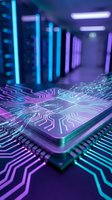 Futuristic computer processor chip with glowing circuit patterns in data center server room with neon lighting for technology and computing concepts.