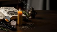 Mystical fortune telling setup with burning candle, tarot cards, magnifying glass and incense burner creating atmospheric smoke on dark wooden surface.
