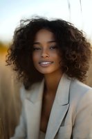 Young African American woman with natural curly hair wearing beige blazer smiling confidently outdoors in warm evening light. Professional portrait with soft bokeh background.