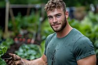 Young Caucasian male farmer with beard holding fresh harvested vegetables in community garden, wearing dirty green t-shirt, genuine smile while working outdoors.