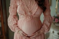Pregnant woman in elegant pink lace dress gently holding belly in soft natural light. Maternity fashion, motherhood, expecting baby, feminine style concept.