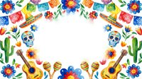 Colorful Mexican Day of the Dead frame with sugar skulls, marigold flowers, papel picado banners, guitars and cacti on white background for festive designs.