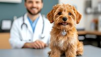 Smiling brown mixed breed puppy sitting on examination table at veterinary clinic with healthcare professional in background, wellness checkup concept.