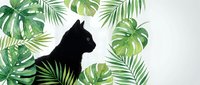 Black cat silhouette surrounded by tropical green monstera and palm leaves on white background, isolated design element for pet lovers and nature-themed projects.