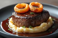 Juicy grilled beef steak on creamy mashed potatoes with crispy onion rings and rich sauce, garnished with fresh herbs.