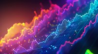 Colorful dynamic stock market chart lines glowing on dark background with gradient neon effect showing financial data analysis and trading statistics.