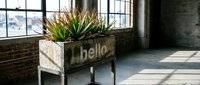 Concrete planter with hello text holding green succulents in a sunlit industrial loft with brick walls and large windows.