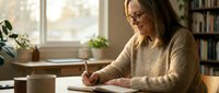 Mature woman with long brown hair and glasses wearing a beige sweater writes in a notebook at a wooden desk by a bright window with bookshelves behind her, suitable for education, creativity, and professional content.