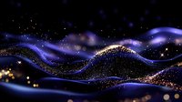Abstract cosmic waves with glowing particles and bokeh effects in deep purple and gold colors against black background, creating ethereal flowing motion.
