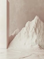 Minimalist white mountain peak against dusty rose background with architectural elements creating contemporary abstract landscape composition.