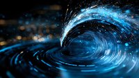 Glowing blue wave of light and energy creating spiral motion effect against dark background, abstract dynamic swirl pattern for technology concepts.