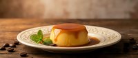 Golden caramel flan dessert with mint garnish on decorative plate, traditional custard pudding with caramel sauce for restaurant menu and food photography.