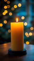Burning yellow candle on dark holder against blurred bokeh lights background creates peaceful atmosphere for meditation, holidays and spiritual moments.