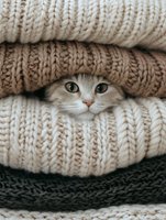 Adorable kitten hiding between cozy knitted sweaters, peeking out with curious green eyes from warm wool clothing stack for autumn winter comfort.