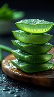 Fresh aloe vera leaves stacked on wooden board with water drops, close up macro shot showing translucent green gel texture for natural skincare and wellness.