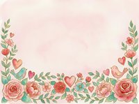 Watercolor floral border with roses, hearts, and botanical elements on soft pink background, isolated design ready for wedding invitations, greeting cards, and decorative projects.