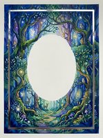 Watercolor enchanted forest frame with oval copy space, glowing fairy lights, deer, owl, mushrooms, and twisted trees in blue and green tones.
