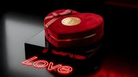 Red velvet heart-shaped gift box with gold seal on dark surface, glowing neon Love inscription, romantic Valentine's Day luxury present concept.