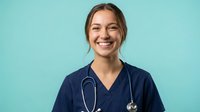 Young female healthcare professional in navy scrubs with stethoscope smiling confidently against turquoise background for medical marketing materials.