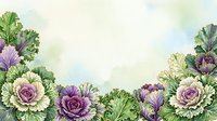 Watercolor cabbage and kale border with purple and white blooms on cream background. Isolated design element for invitations, packaging, and botanical illustrations.