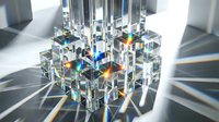 Crystal clear glass cubes with rainbow light refraction creating prismatic effects on white surface for modern design and optical concepts.