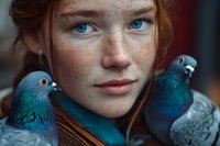 Young redhead woman with freckles and striking blue eyes in close-up portrait with two blue pigeons perched on her shoulders.