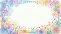 Watercolor festive frame with balloons, flowers, confetti, and pastel colors, featuring a white center for text or design use.