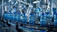 Plastic water bottles moving along conveyor belt in modern beverage manufacturing facility with industrial machinery in background, suitable for packaging, production, and factory automation content.