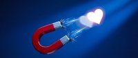 Red horseshoe magnet attracting glowing white heart with electric sparks on blue background. Love attraction, romance magnetism concept for marketing.