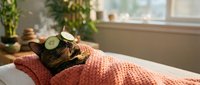Relaxed tabby cat wearing cucumber eye mask enjoying spa treatment on cozy bed. Wellness and self-care concept for pets and relaxation themes.