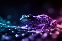 Magical glowing frog in neon purple and blue colors on dark background with bokeh lights and water drops, creating mystical nature atmosphere for fantasy designs.