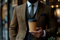 Professional businessman in elegant brown tweed suit holding coffee cup in upscale cafe setting with warm ambient lighting for corporate lifestyle content.
